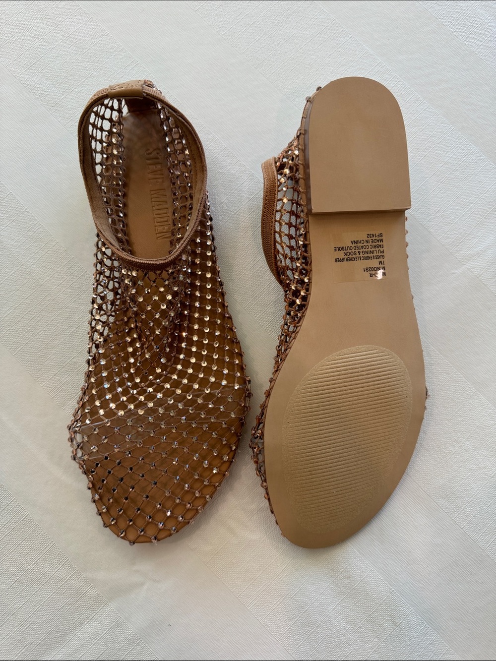 Steve Madden Tan/Brown Mesh Crystal-Trim Flat Sandals